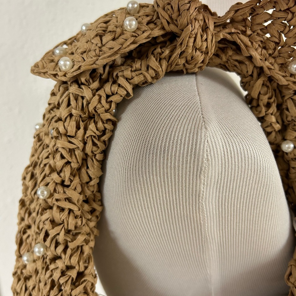 NWT Haute Hippie Straw Pearl-Embellished Woven Shoulder Hobo Bag in Natural Tan - Picture 6 of 12